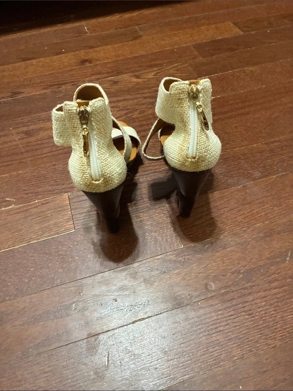 Diane Von Furstenberg Cream Woven Strappy Block Heel Sandals